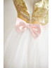 Gold Sequin Ivory Tulle Flower Girl Dress With Pink Bow Sash